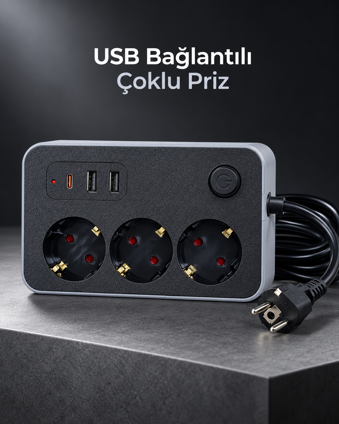 Çalışma Alanlarına Uygun Anahtarlı USB ve Type C Şarj Çıkışlı Kablolu Çoklu Priz - Lisinya