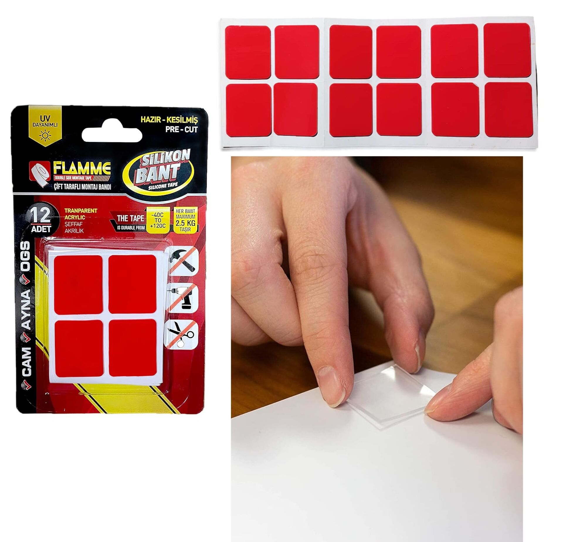 Montaj Bandı 2.5 KG - Çift Taraflı Hazır Kesilmiş Silikon Bant 12'li Montaj Bandı, Şeffaf - Lisinya
