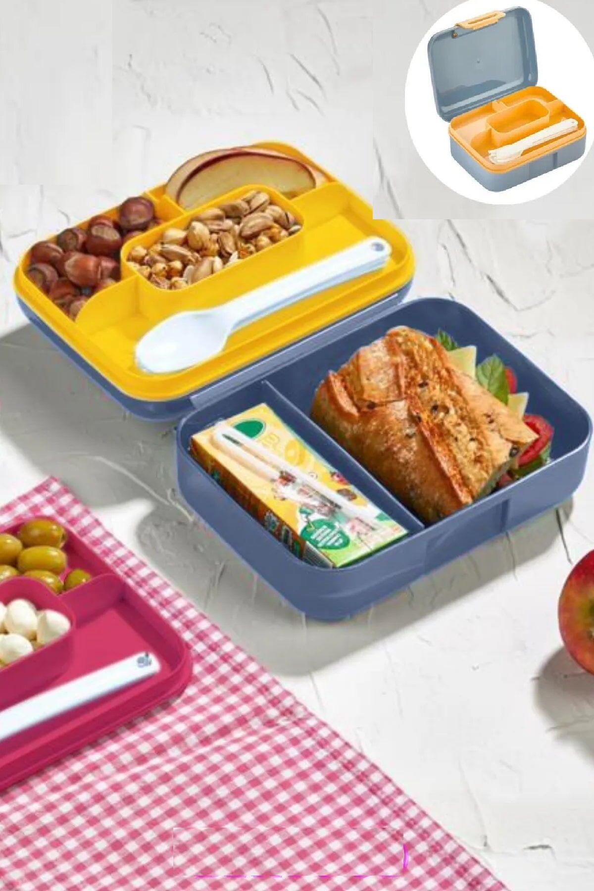 Meyve Suyu Bölmeli - Tabaklı Beslenme Kabı  Diyet Kabı -Çatal Bıçak Kaşık Dahildir - Lisinya