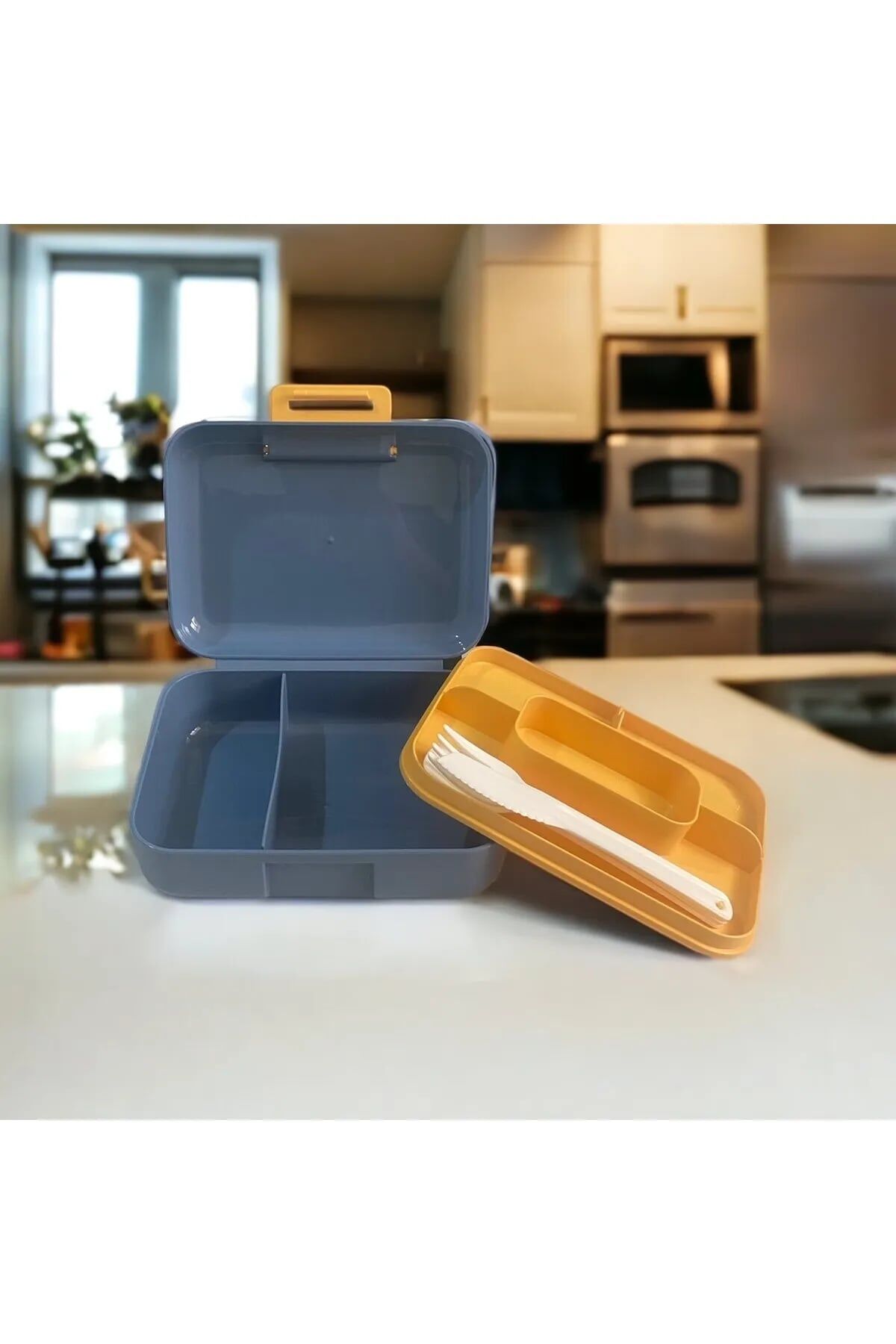 Meyve Suyu Bölmeli - Tabaklı Beslenme Kabı  Diyet Kabı -Çatal Bıçak Kaşık Dahildir - Lisinya