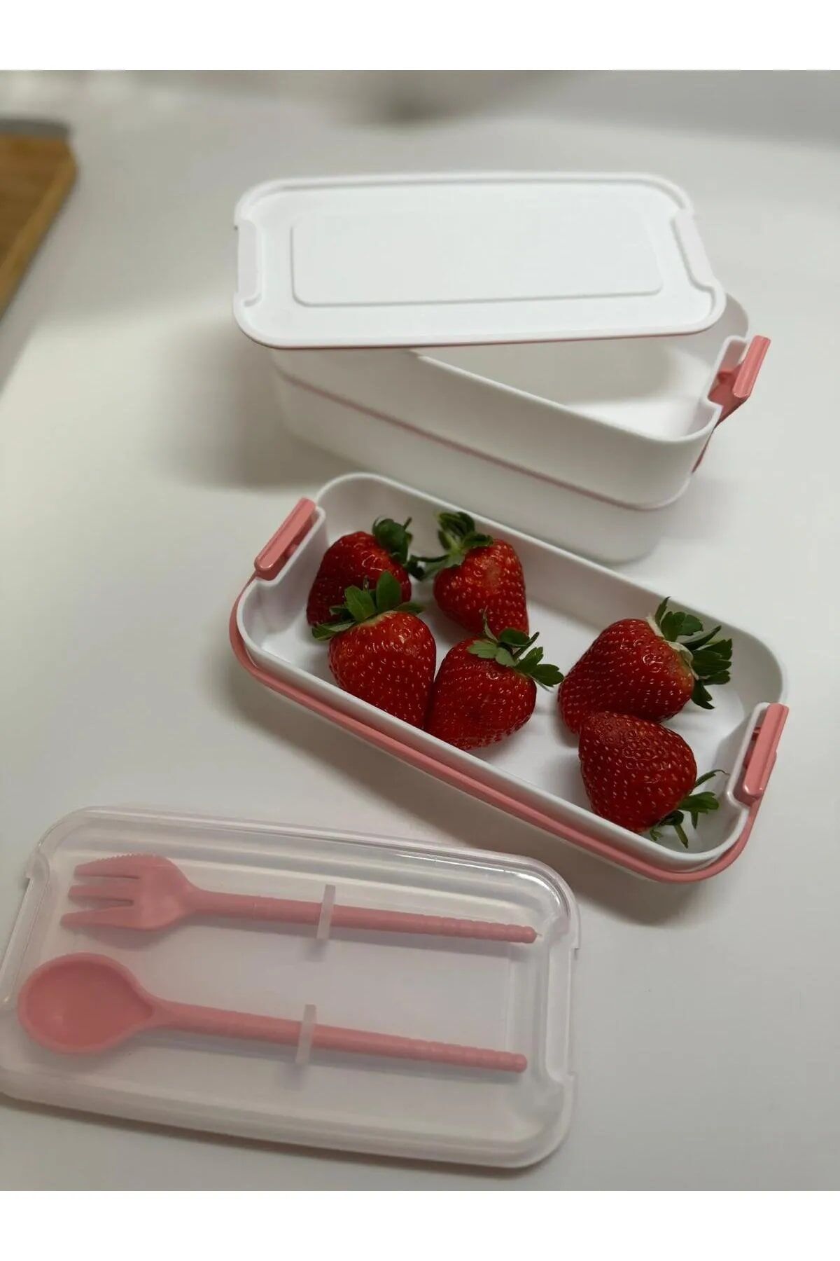 3 Katlı Kulplu Beslenme Kabı  Diyet Sefer Tası Saklama Kabı Çatal Kaşıklı - Lisinya