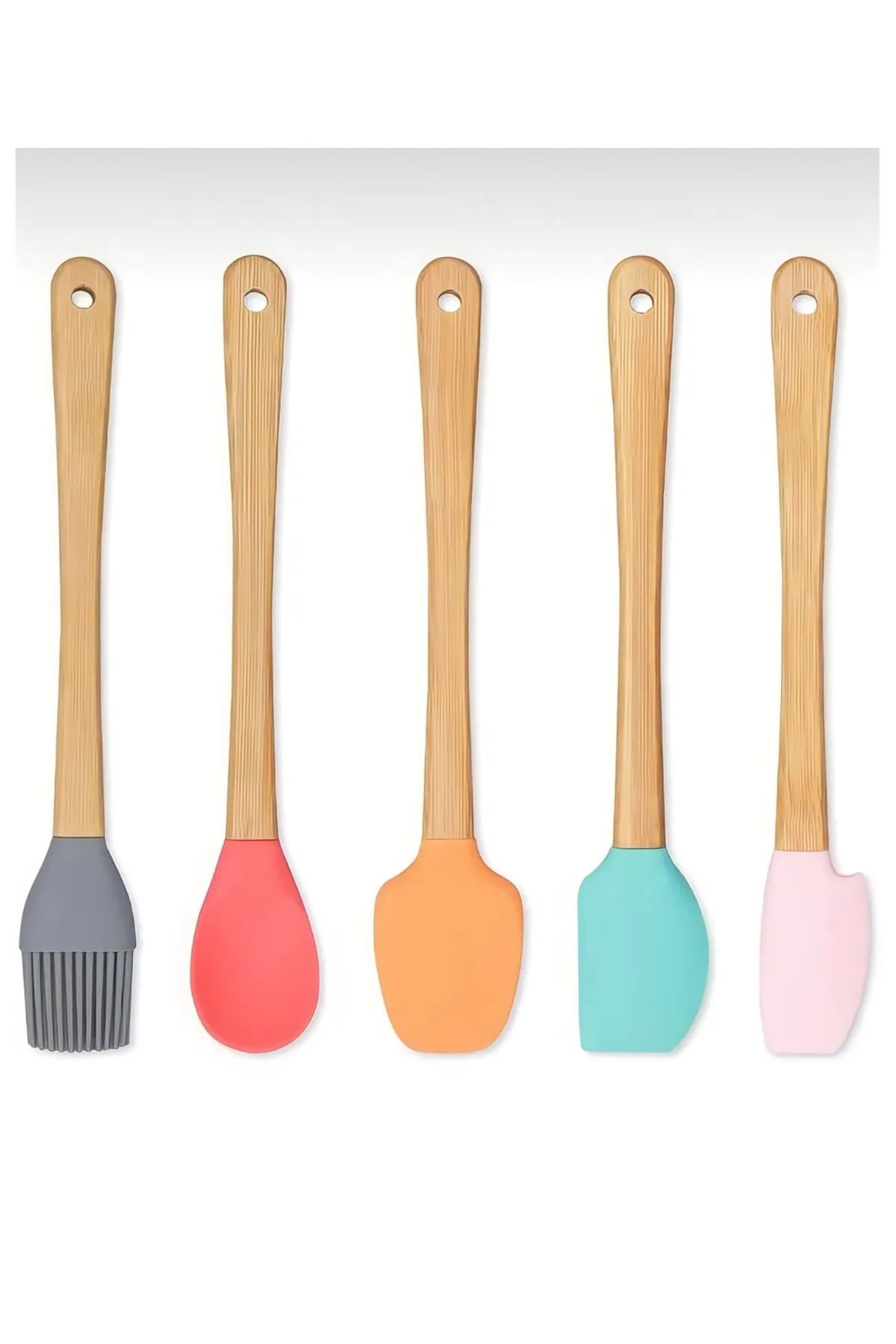5'li Renkli Ahşap Saplı Silikon Uçlu Spatula Fırçalı Kaşık Seti -Yemek Hazırlık Seti 21 Cm - Lisinya