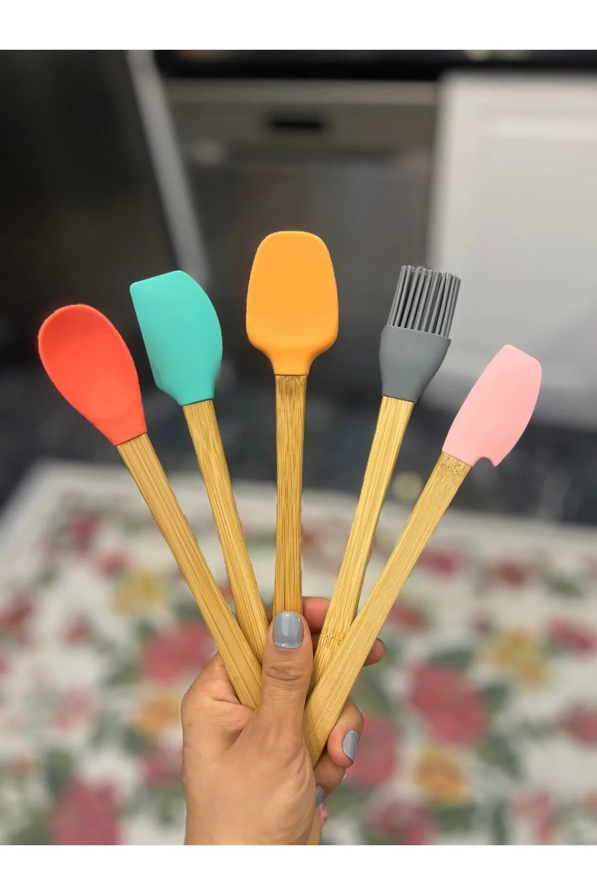 5'li Renkli Ahşap Saplı Silikon Uçlu Spatula Fırçalı Kaşık Seti -Yemek Hazırlık Seti 21 Cm - Lisinya
