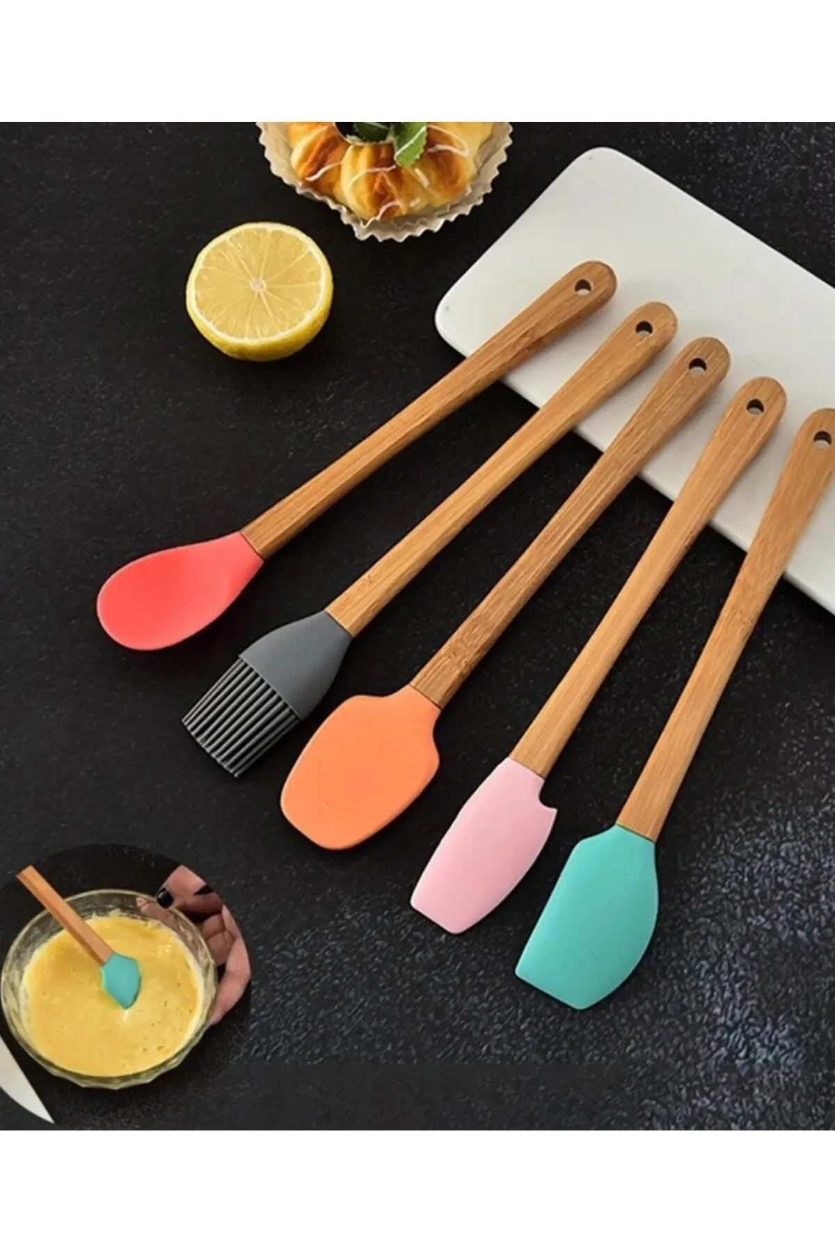 5'li Renkli Ahşap Saplı Silikon Uçlu Spatula Fırçalı Kaşık Seti -Yemek Hazırlık Seti 21 Cm - Lisinya