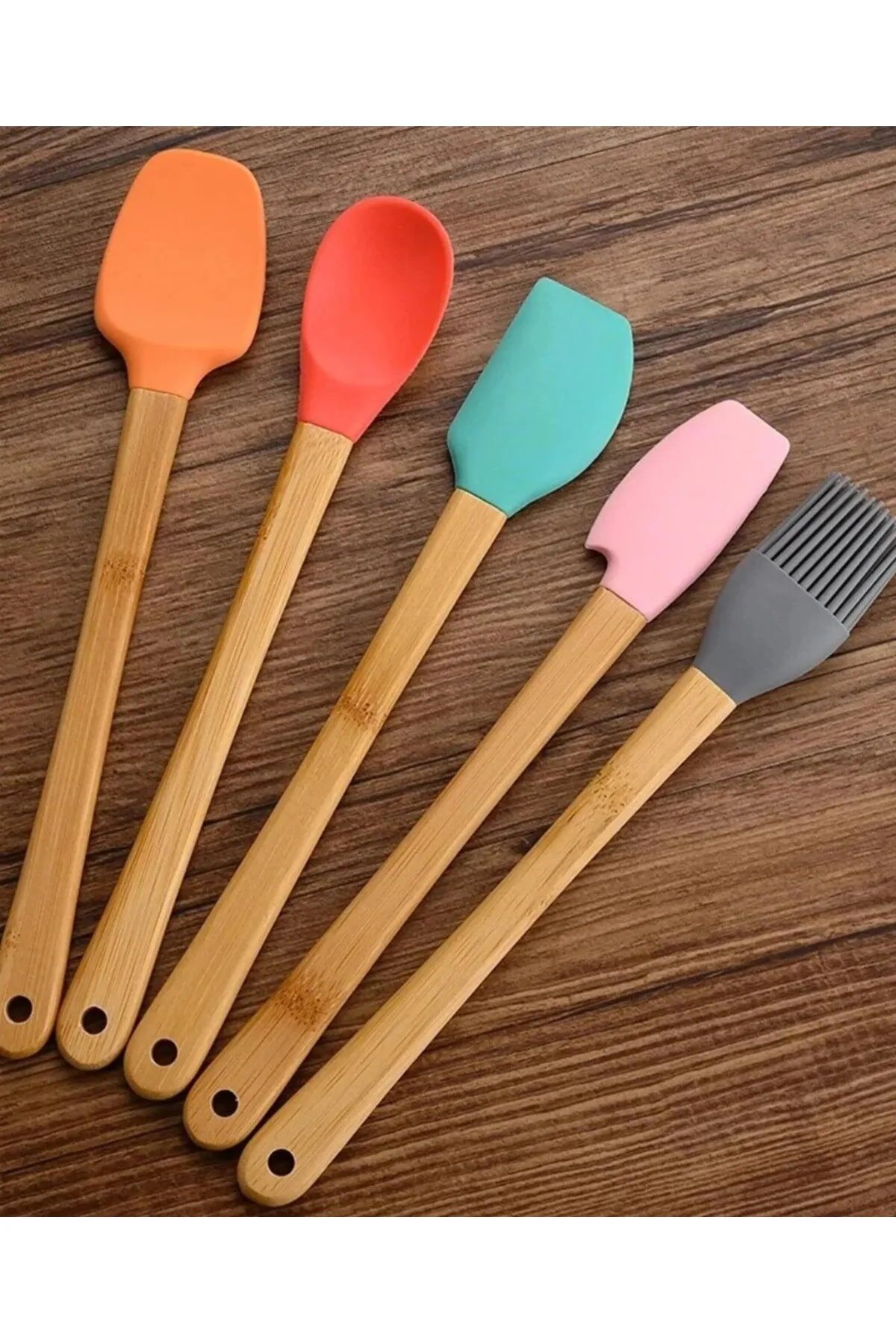 5'li Renkli Ahşap Saplı Silikon Uçlu Spatula Fırçalı Kaşık Seti -Yemek Hazırlık Seti 21 Cm - Lisinya