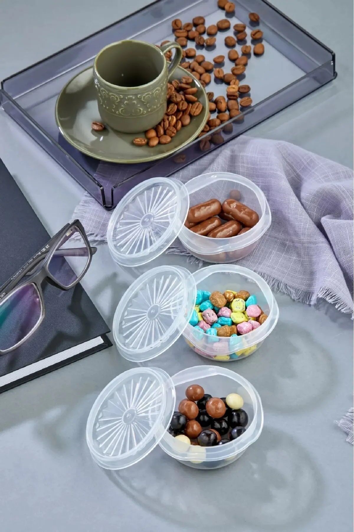 6 lı Yelpaze Kapaklı Şeffaf Mini Sosluk- Ketçap Mayonez Kabı- Kahve Yanı Şeker Lokumluk - Lisinya