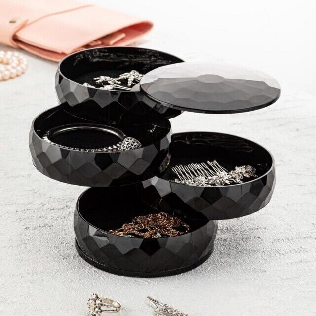 360 Derece Dönebilen 4 Katlı Takı - Toka - Küpe-Bileklik Organizer - Siyah - Lisinya