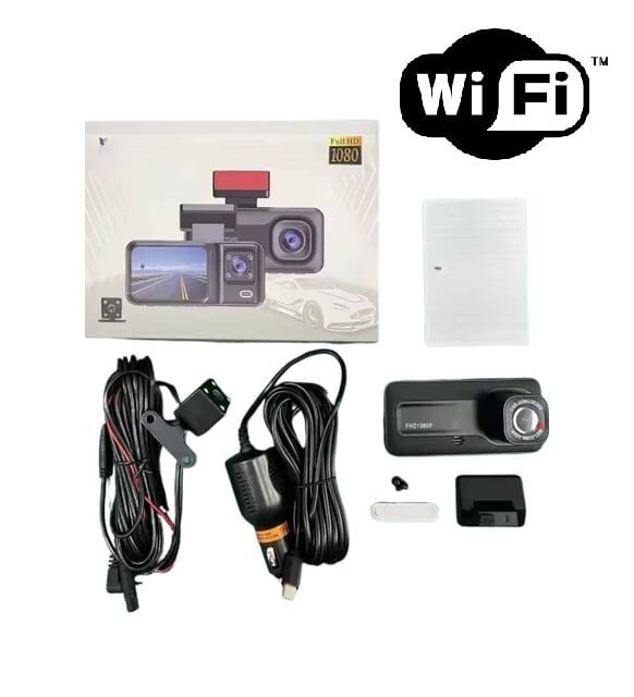 Araç Kamerası - 3 Kameralı Wifi Ön , İç ve Arka Full HD DVR Araç İçi Ekranlı Kamera - Lisinya