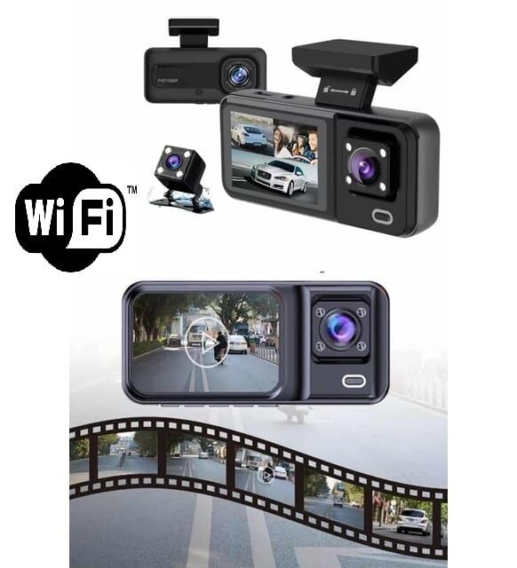 Araç Kamerası - 3 Kameralı Wifi Ön , İç ve Arka Full HD DVR Araç İçi Ekranlı Kamera - Lisinya