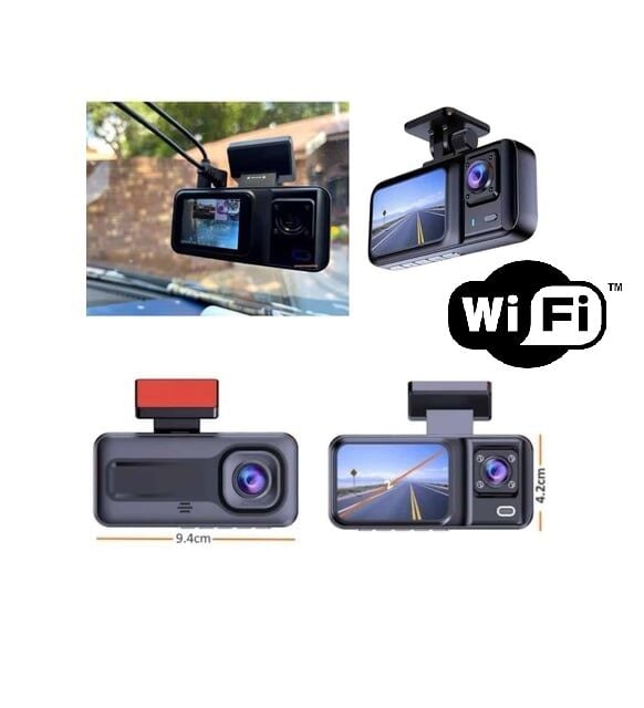 Araç Kamerası - 3 Kameralı Wifi Ön , İç ve Arka Full HD DVR Araç İçi Ekranlı Kamera - Lisinya