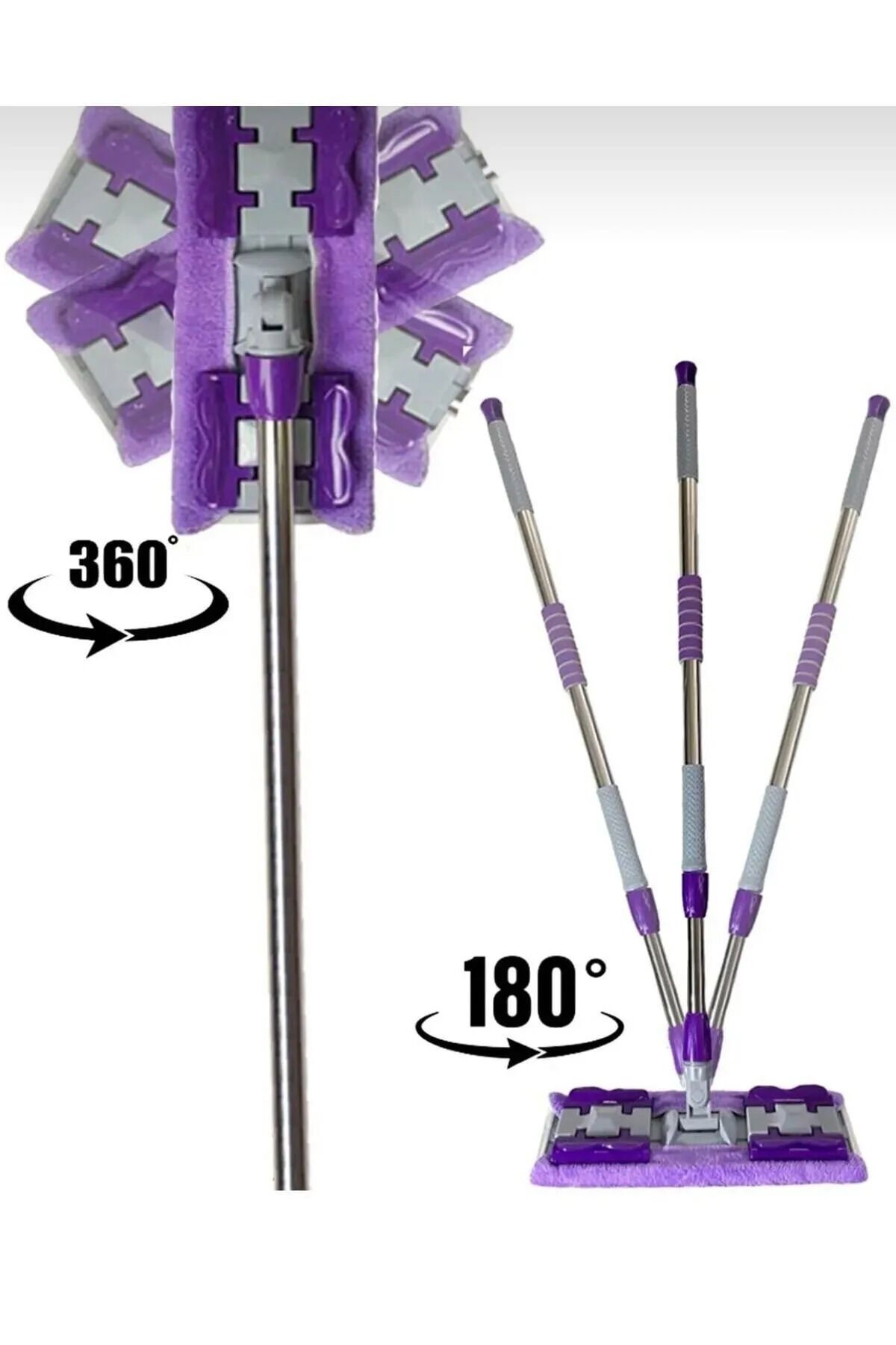 Teleskobik Cam Yer Tavan Silme - İstediğin Bezi Tak Kullan - 4 Mandallı -Yedek Bezli Mop Seti - Lisinya