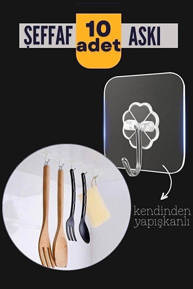 10'lu Şeffaf Kendinden Yapışkanlı Güçlü Askı Kancası, Banyo Mutfak Organizer, İz Bırakmaz Pratik Askı - Lisinya 10'lu Şeffaf Kendinden Yapışkanlı Güçlü Askı Kancası, Banyo Mutfak Organizer, İz Bırakmaz Pratik Askı - Lisinya