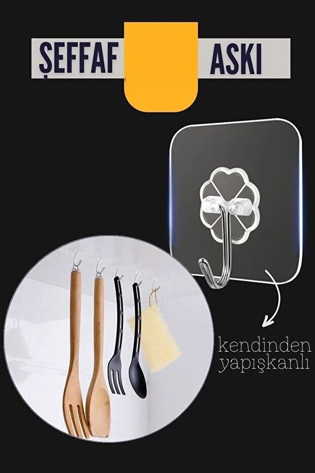 Şeffaf Yapışkanlı Askı, Mutfak Banyo Duvar Askısı, Çivisiz Pratik Kanca Seti - Lisinya