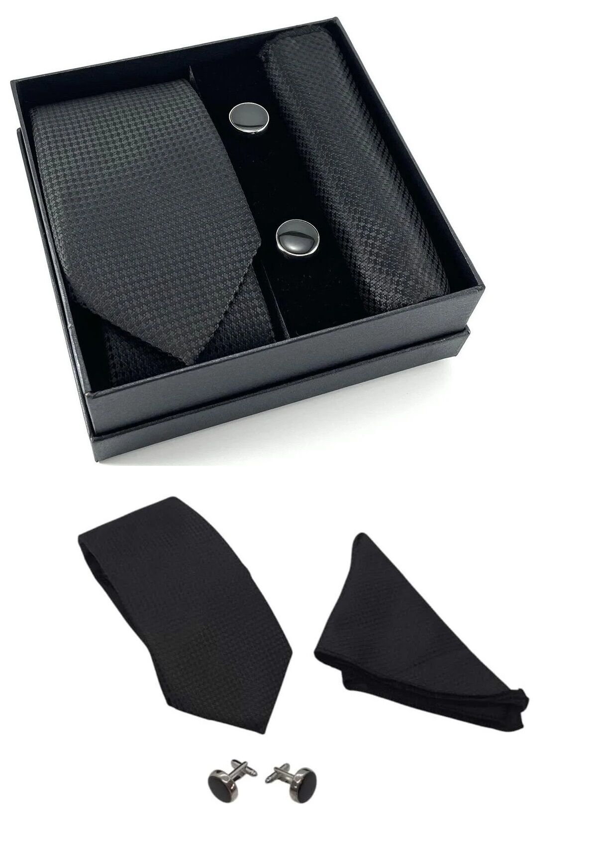 Kravat Düğme Set Siyah Desenli Kravat Mendil Kol Düğmesi Özel Set - Lisinya