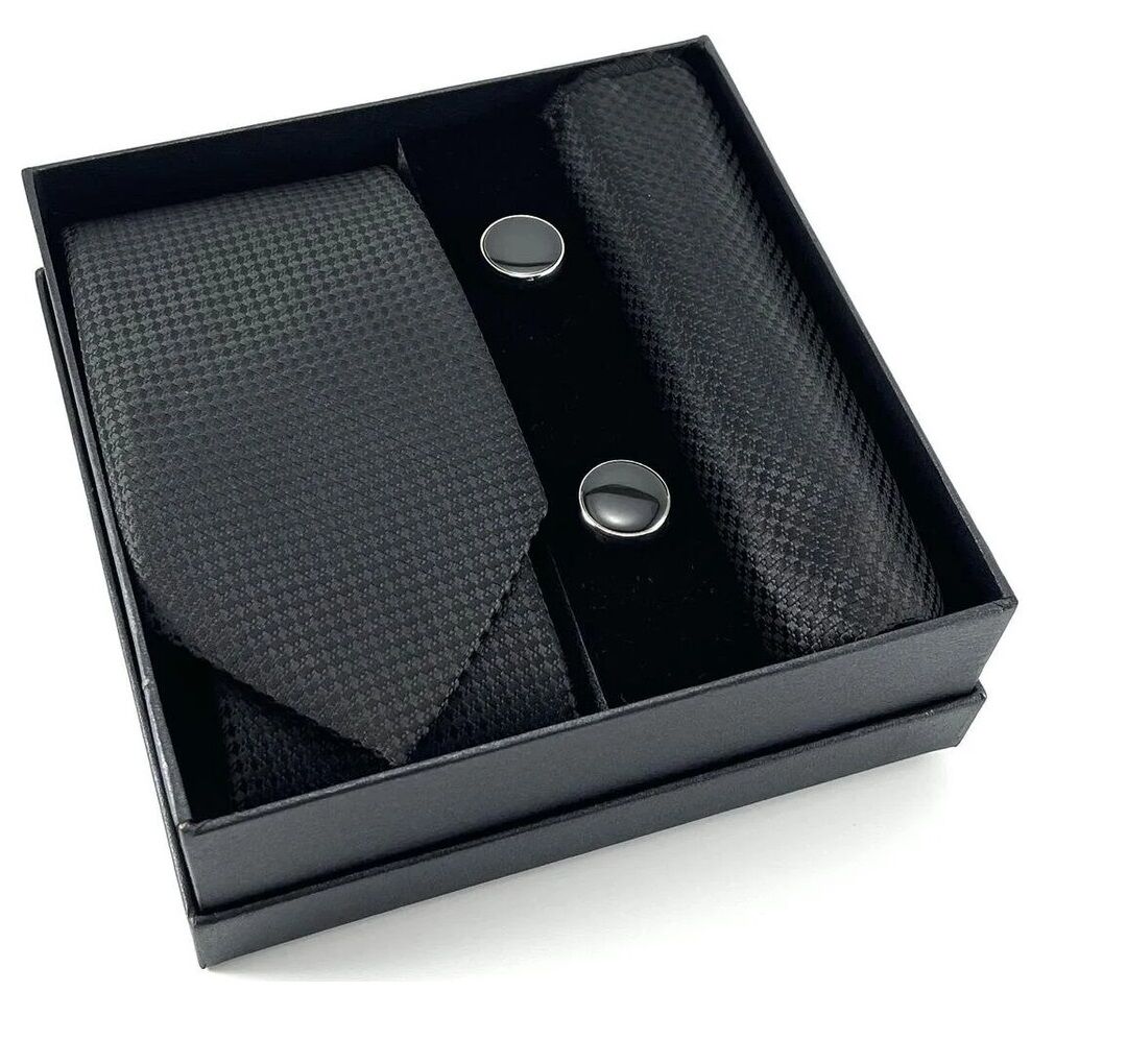 Kravat Düğme Set Siyah Desenli Kravat Mendil Kol Düğmesi Özel Set - Lisinya