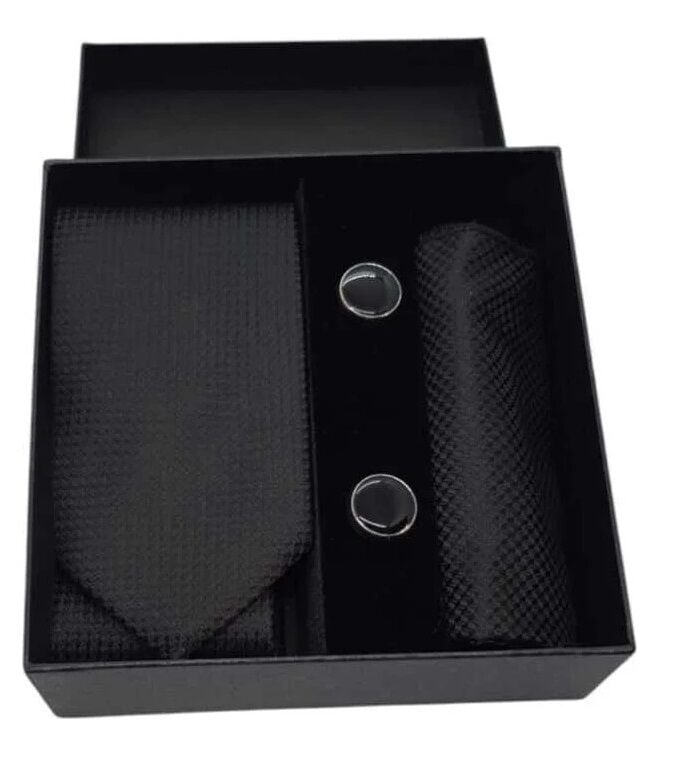 Kravat Düğme Set Siyah Desenli Kravat Mendil Kol Düğmesi Özel Set - Lisinya