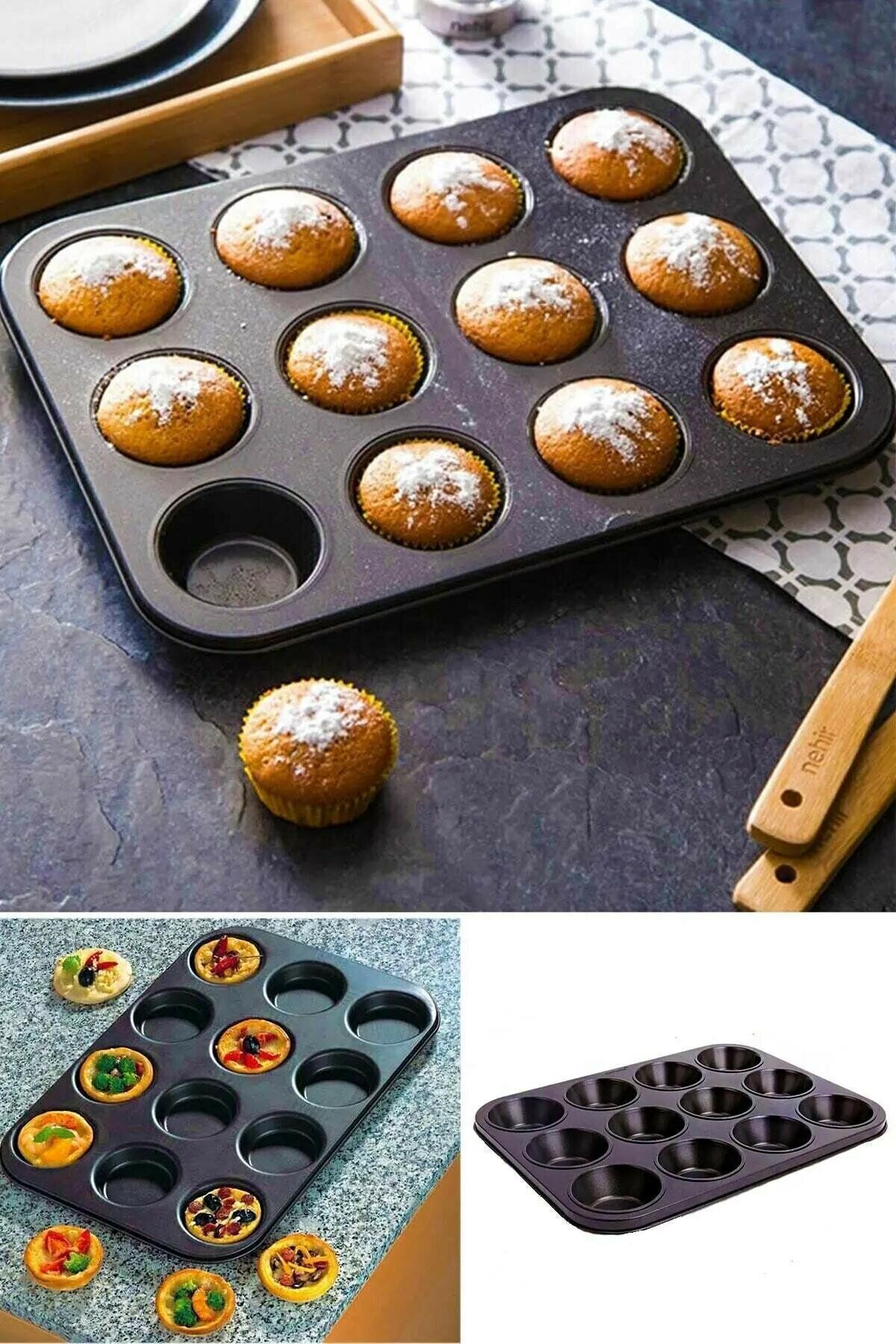 12 Bölmeli Metal Yapışmaz Muffin Kek Kalıbı - Lisinya