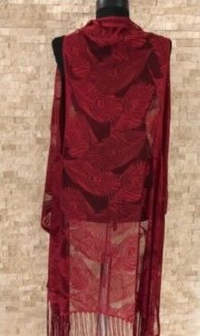 Pareo Dantel Yelek Mayo Bikini Üzeri Yaprak Desenli Püsküllü Plaj Elbisesi - Bordo - Lisinya