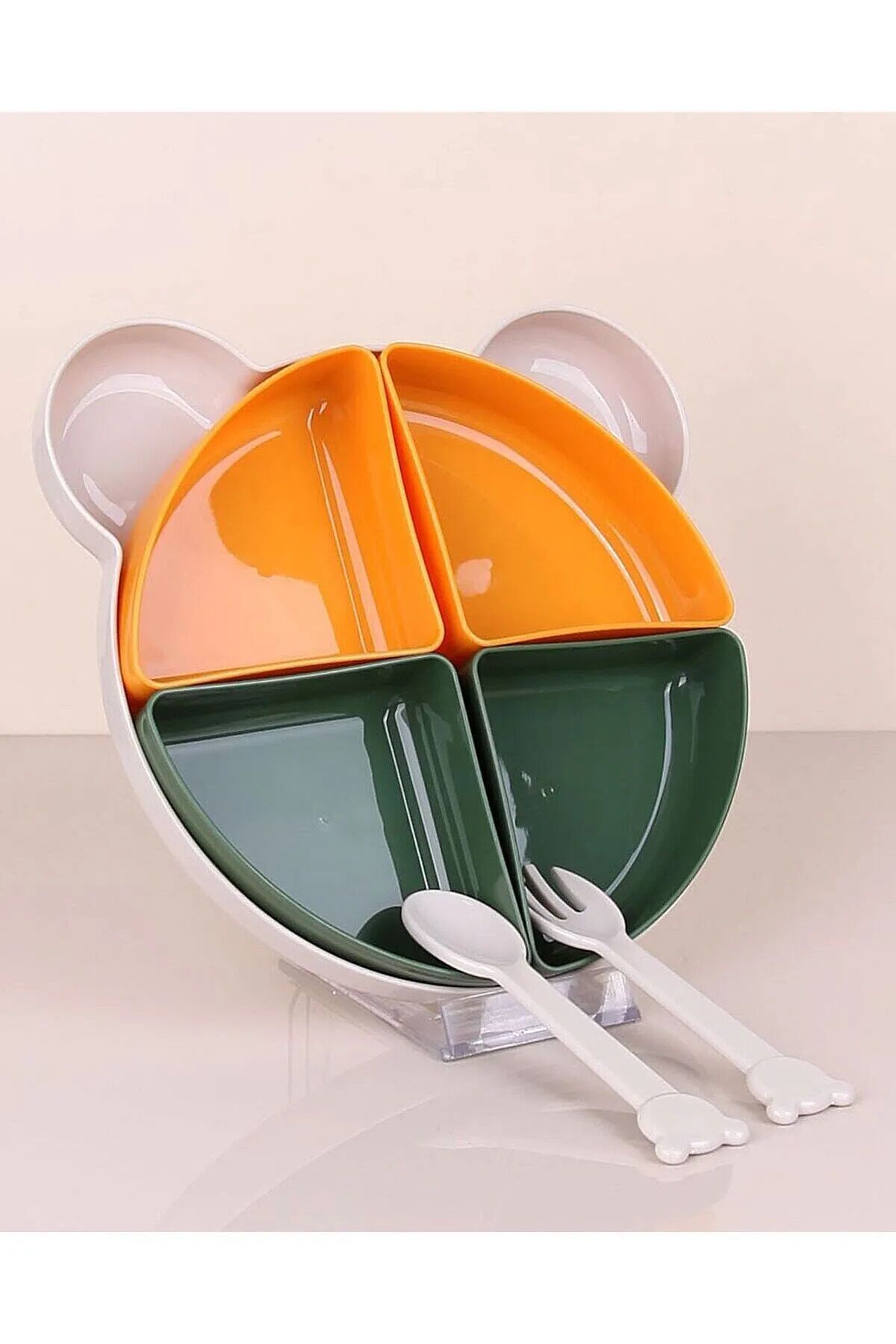 Tabldot Mama Tabağı Çıkarılabilir Kaseli -Tepsili 4 Bölmeli Çatal Kaşıklı Ayıcık Beslenme Kabı - Lisinya