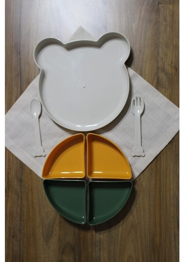 Tabldot Mama Tabağı Çıkarılabilir Kaseli -Tepsili 4 Bölmeli Çatal Kaşıklı Ayıcık Beslenme Kabı - Lisinya