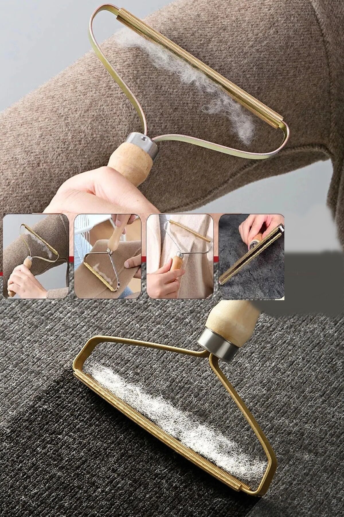 Ahşap Saplı Metal Kazak - Elbise - Halı Tüyü Temizleme Çift Taraflı Tüy Tiftik Toparlayıcı - Lisinya