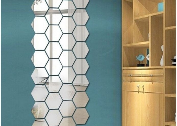 12 Adet Orta Boy Yapışkanlı Dekoratif Akrilik Ayna Altıgen - Lisinya