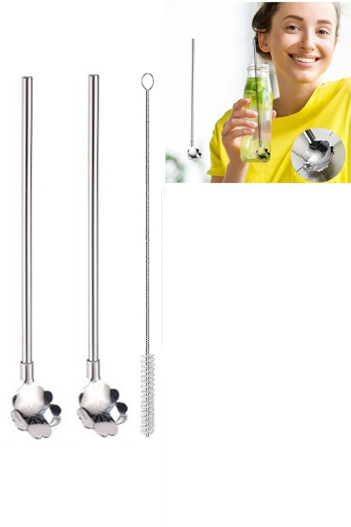 Paslanmaz Metal 2 li Kaşıklı Pipet Fırça Seti - Lisinya