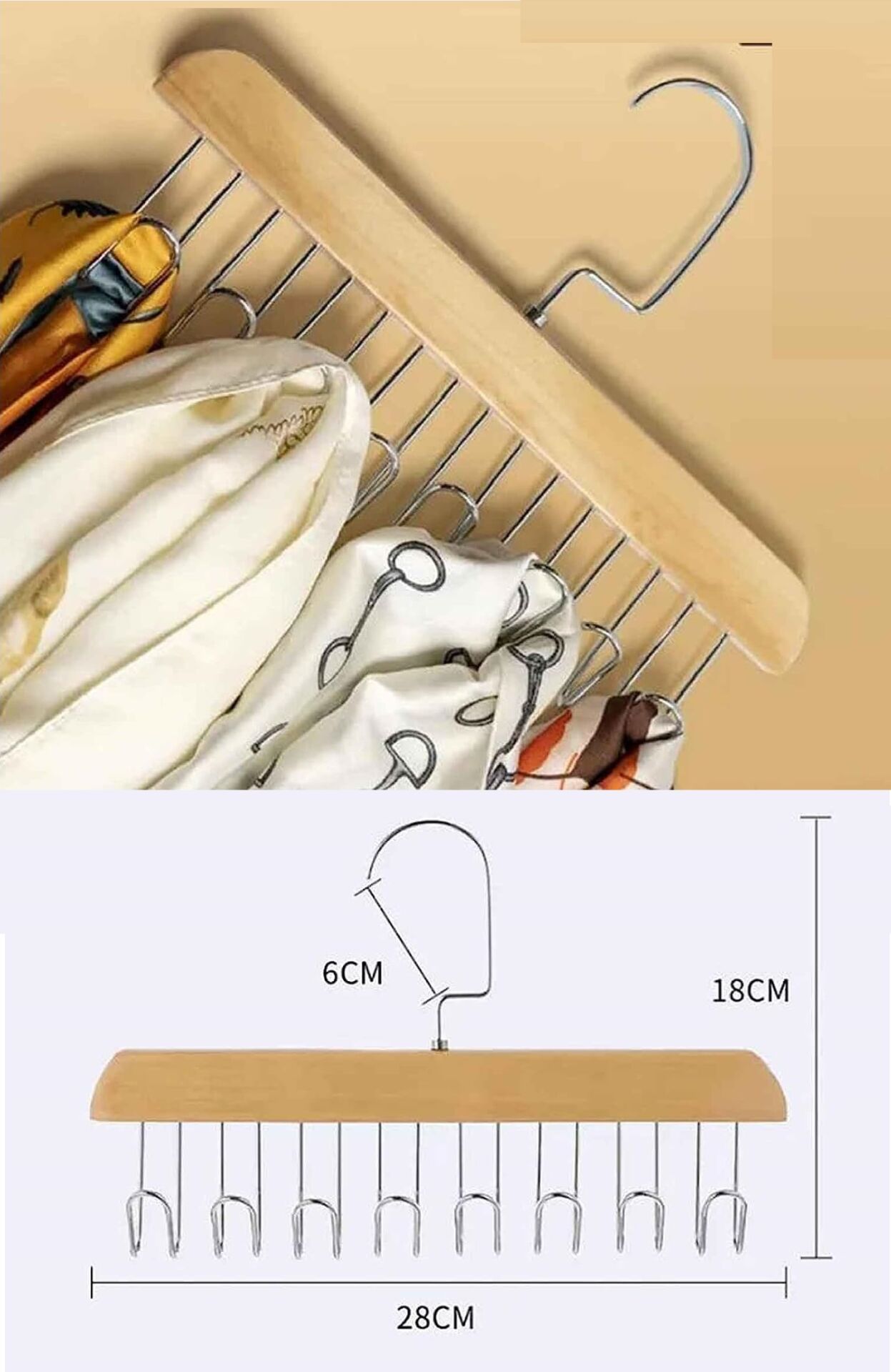 8 Kancalı Askı Çok Fonksiyonlu Ahşap Kemer Kravat Eşarp Dolap Askısı - Lisinya