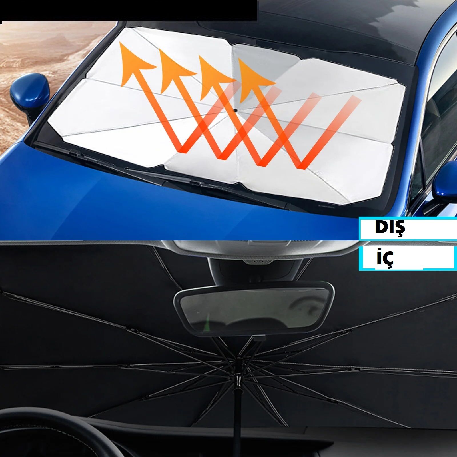 Katlanabilir Araç Ön Camı Güneş Koruyucu Gölge Şemsiye Araba Şemsiyesi (130x75 Cm) - Lisinya