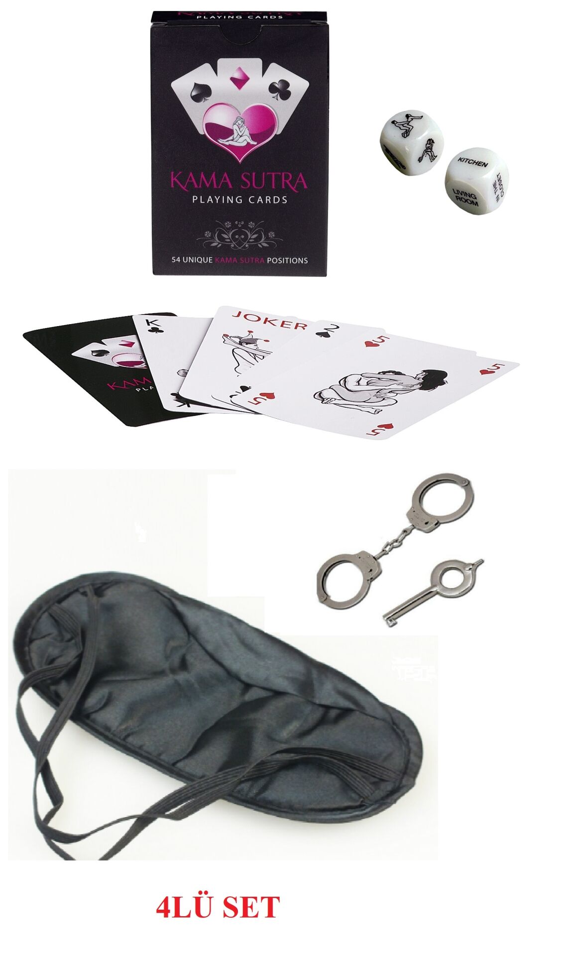 Kamasutra Aşk Seti - Kelepçe - Zar- Kart - Göz Bandı - Lisinya