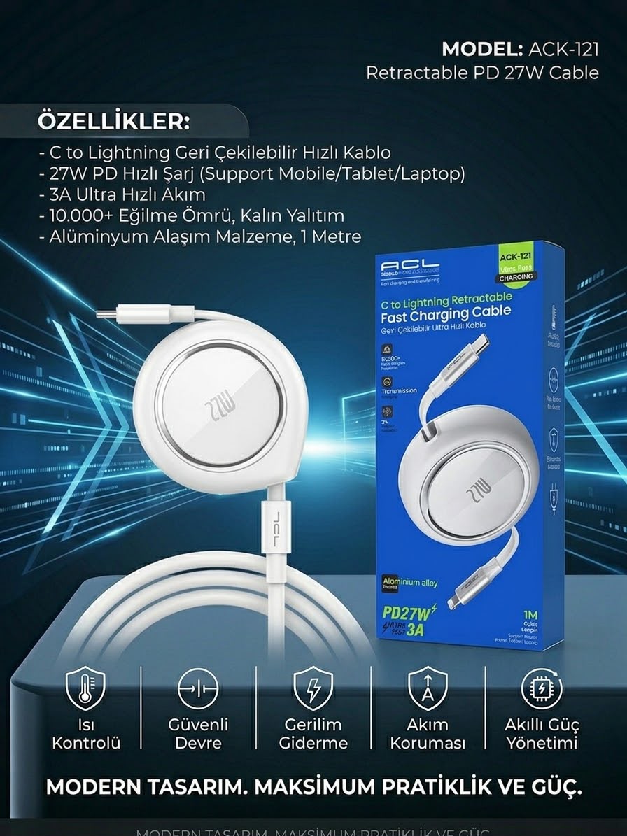27W 3A Geri Çekilebilir (Retractable) Type-C to Lightning Hızlı Şarj ve Veri Kablosu (1 Metre) - Lisinya
