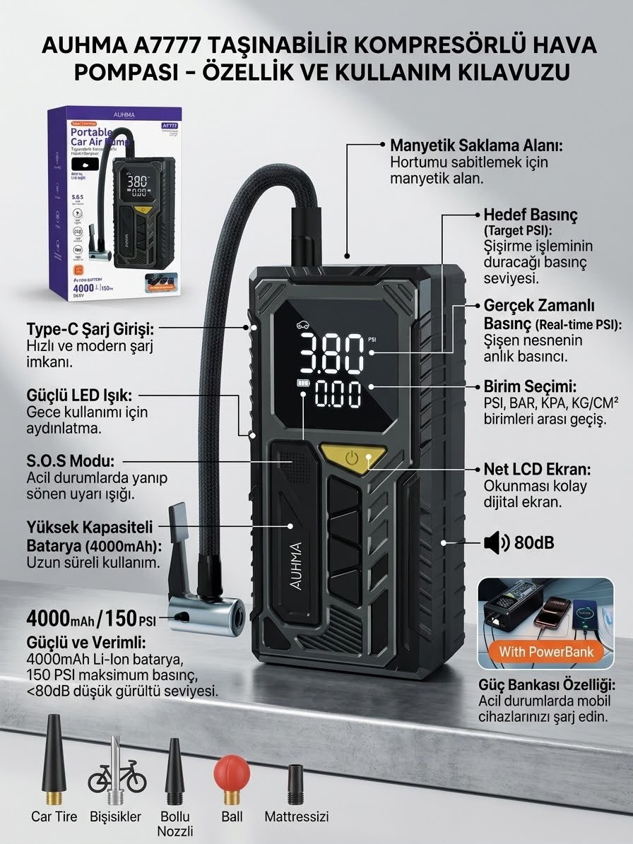 50 PSI Dijital Ekranlı Kompresörlü Akıllı Araç ve Bisiklet Hava Pompası - Lisinya - 987491-RST-OZD