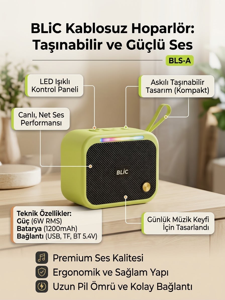 6W RMS Bluetooth 5.4 Taşınabilir Kablosuz Hoparlör - Lisinya - 987479-RST-OZD