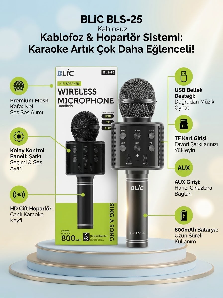 800mAh Bataryalı Taşınabilir Kablosuz Karaoke Hoparlörlü Mikrofon - Lisinya