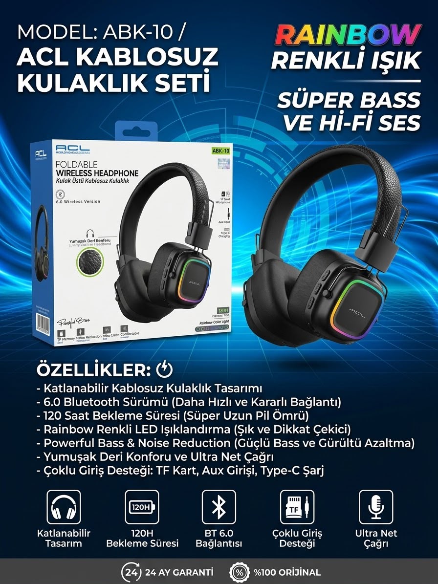 ABK-10 Rainbow Renkli Işıklı Kablosuz Kulaklık Seti - Lisinya