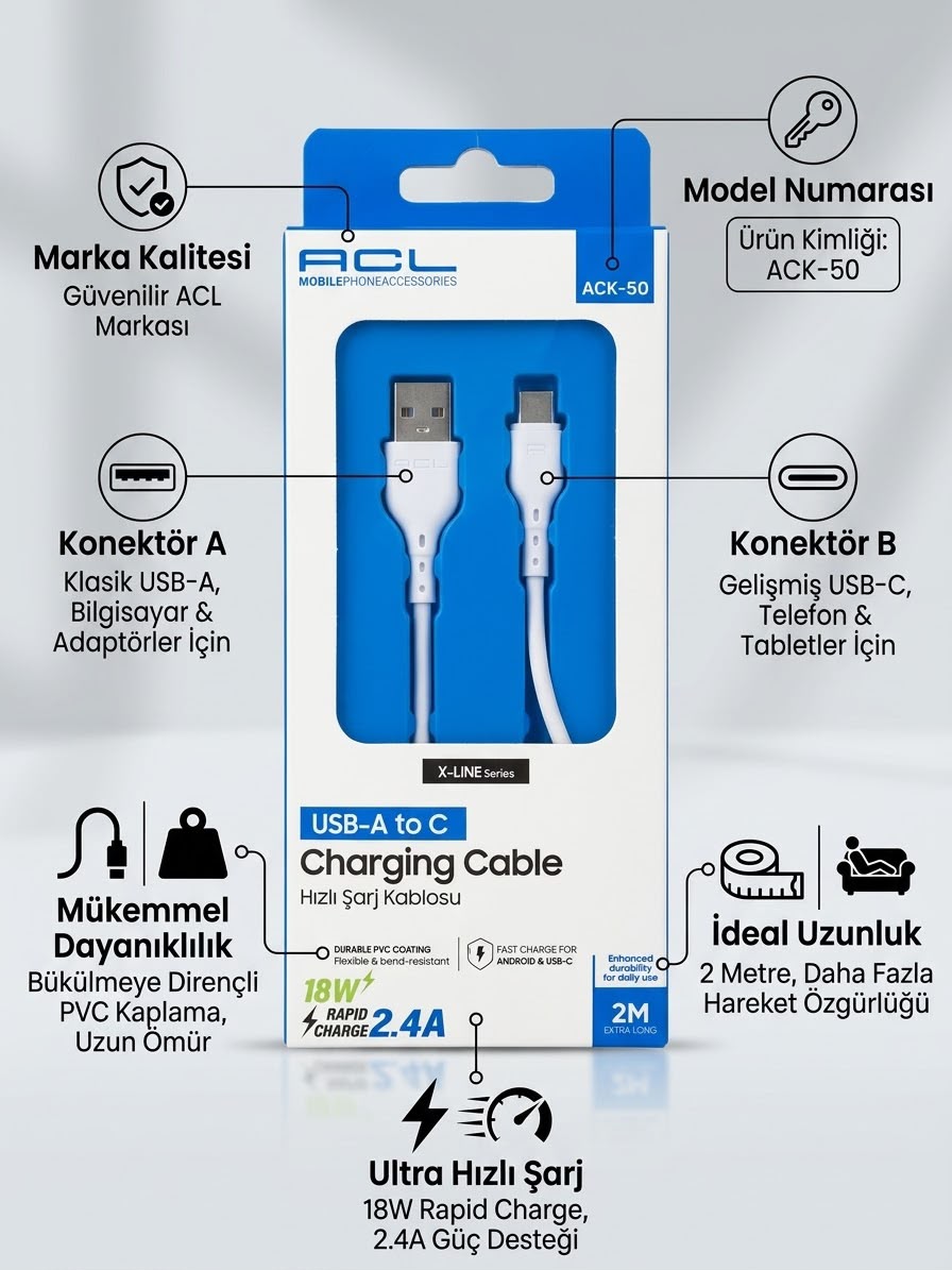 ACK-50 2.4A Ultra Hızlı Şarj ve Veri Kablosu - 2M - Lisinya - 987495-RST-OZD