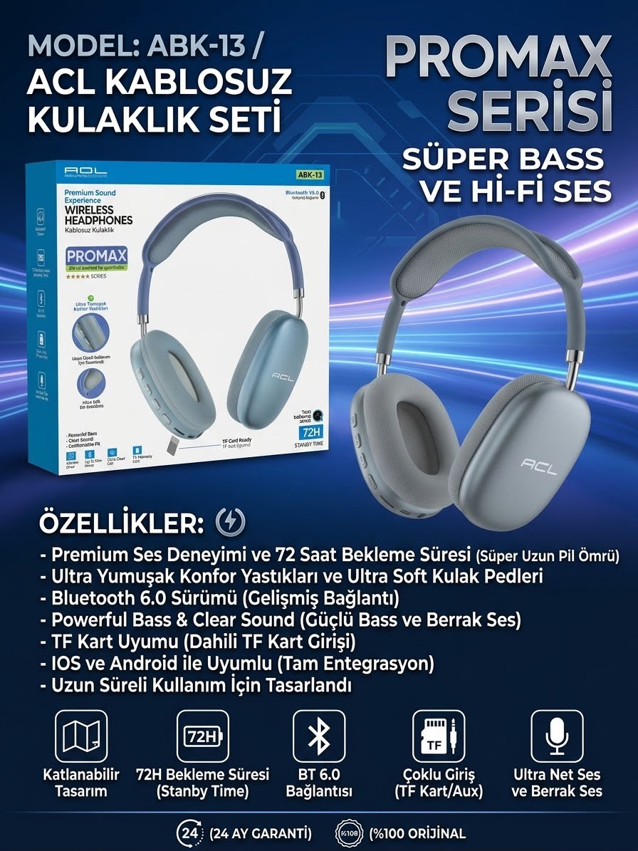 ACL ABK-13 Promax Kablosuz Bluetooth 6.0 Kulak Üstü Kulaklık - Lisinya