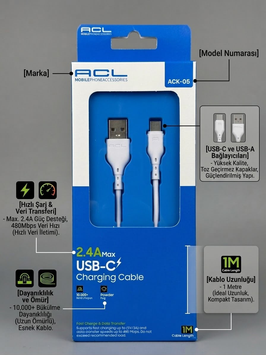 ACL ACK-05 2.4A USB-C Hızlı Şarj Kablosu 1 Metre - Lisinya - 987457-RST-OZD