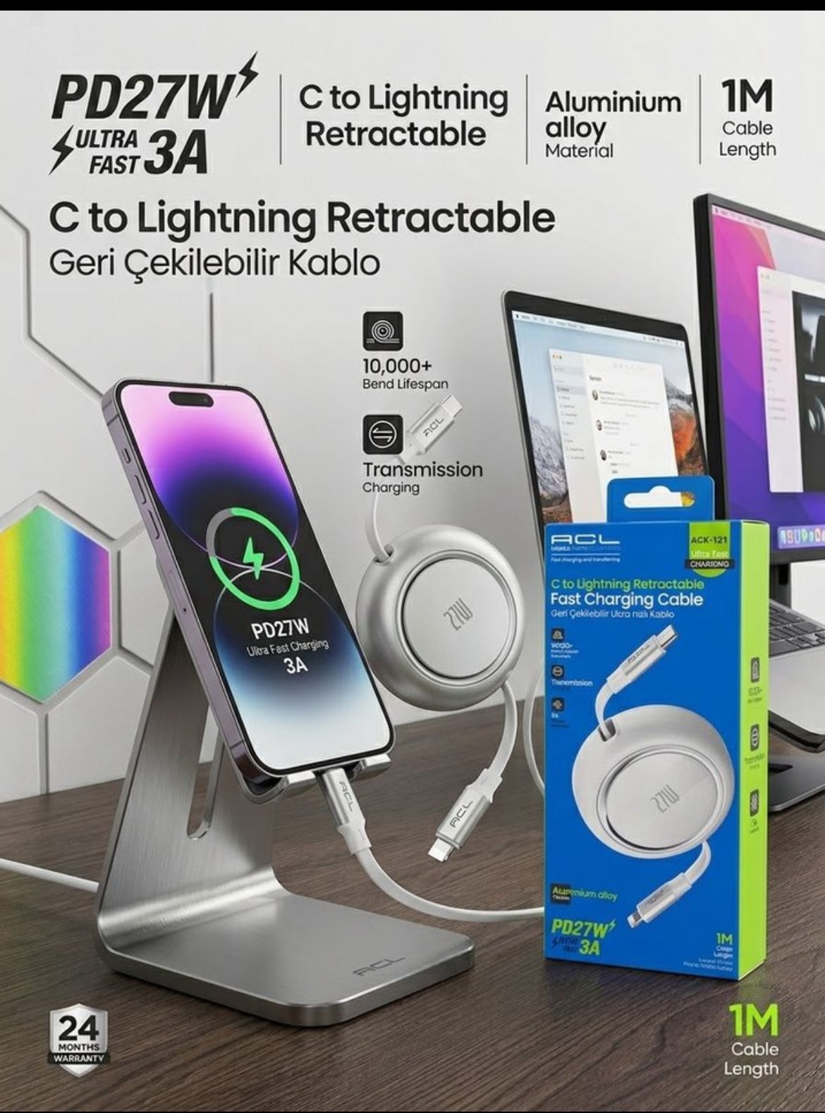 ACL ACK-121: 27W PD Geri Çekilebilir Type-C Lightning Kablo  - Lisinya - 987454-RST-OZD
