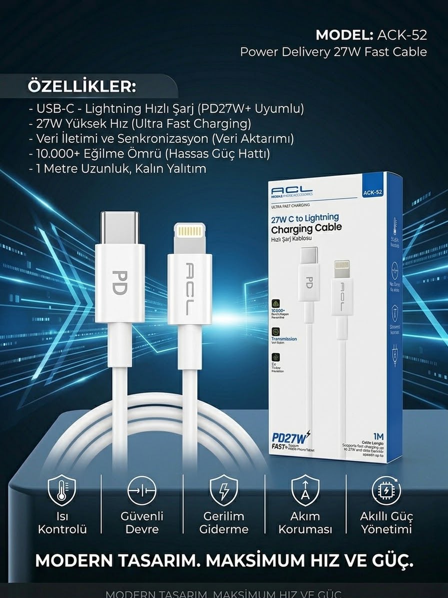 ACL ACK-52: 27W PD Hızlı Şarj USB-C to Lightning Kablo  - Lisinya - 987453-RST-OZD