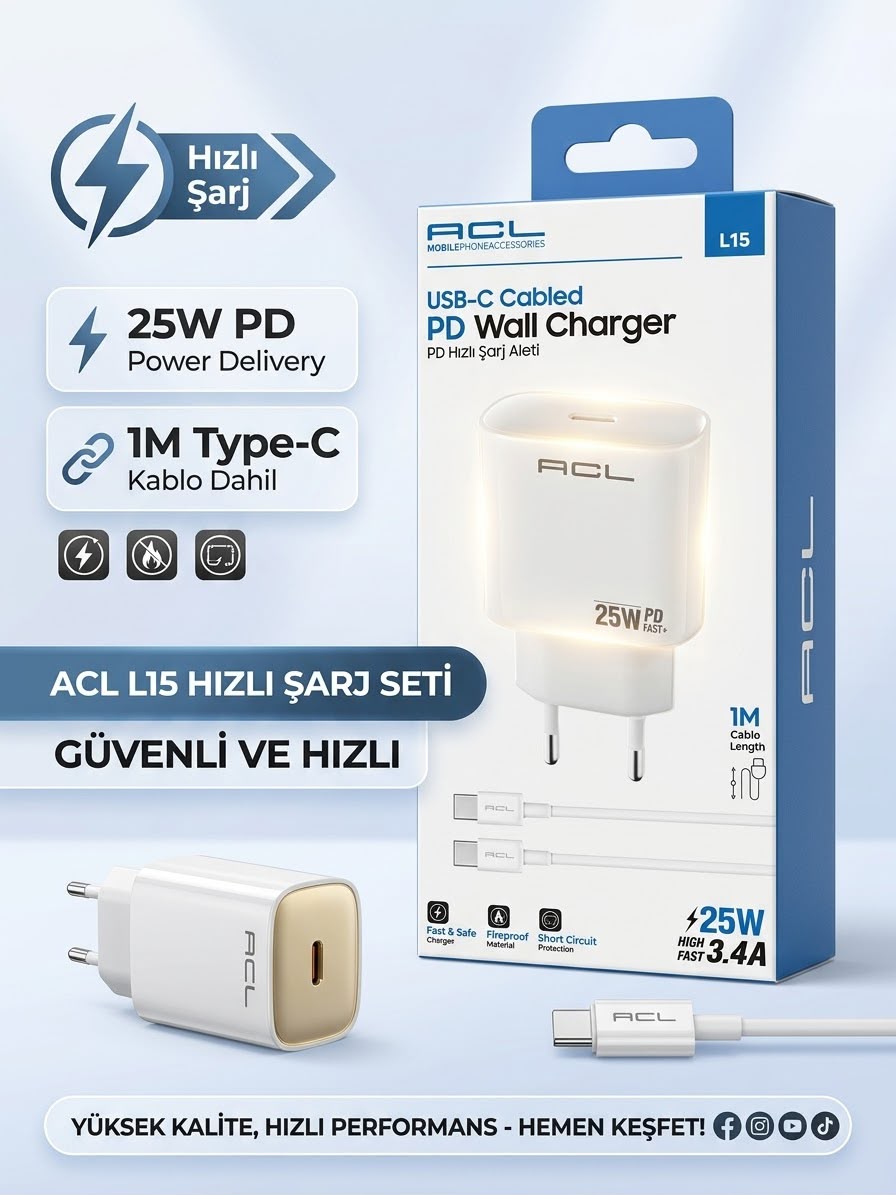 ACL L15 25W PD Hızlı Şarj Cihazı + 1m Type-C Kablo Seti - Lisinya - 987497-RST-OZD
