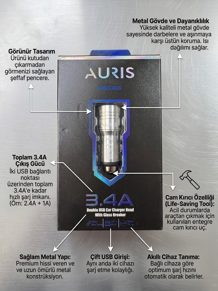 Auris ARS-CR06 Araç Şarj Cihazı - Lisinya Auris ARS-CR06 Araç Şarj Cihazı - Lisinya