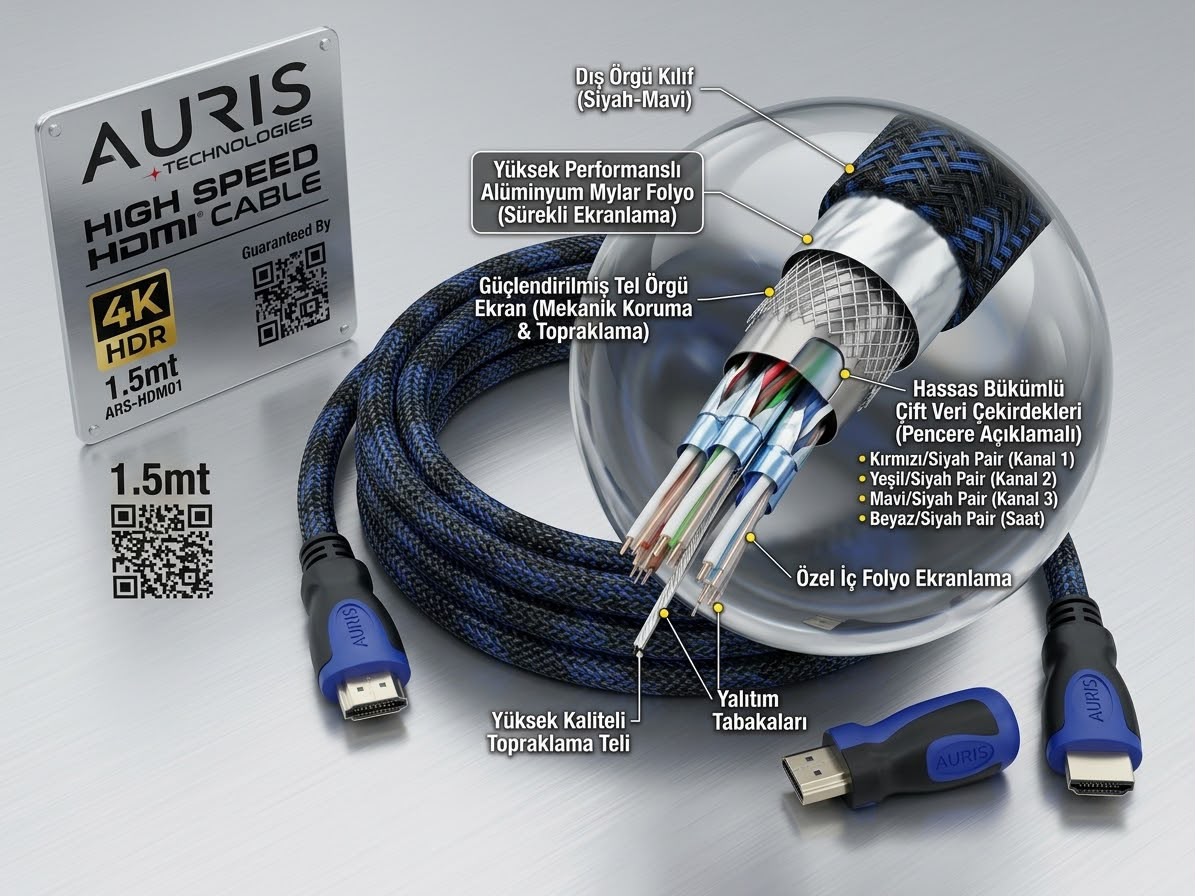 Auris ARS-HDMI01 4K HDR High Speed Örgülü HDMI Kablo – 1.5 Metre - Lisinya - 987476-RST-OZD