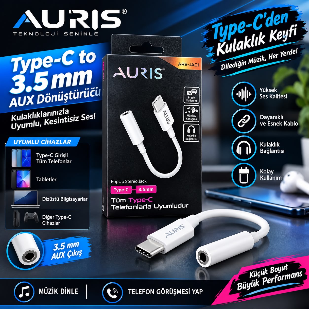 Auris ARS-JA01 Type-C 3.5 mm Kulaklık ve Ses Dönüştürücü Jak - Lisinya - 987535-RST-OZD