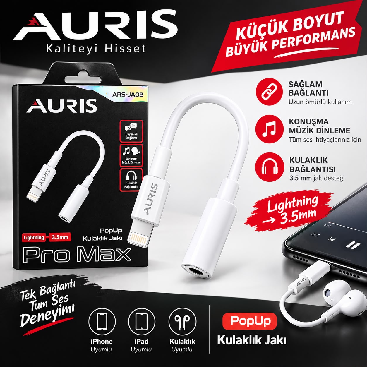 Auris ARS-JA02 Lightning 3.5 mm Kulaklık ve Ses Dönüştürücü Jak - Lisinya - 987536-RST-OZD