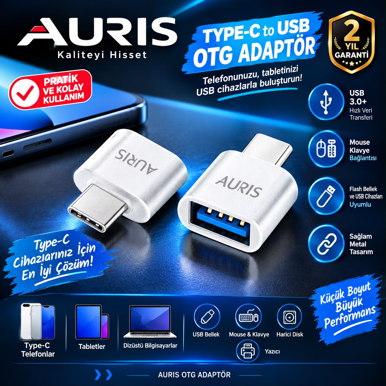 Auris Metal Kasa Type-C USB OTG Dönüştürücü Adaptör - Lisinya - 987537-RST-OZD