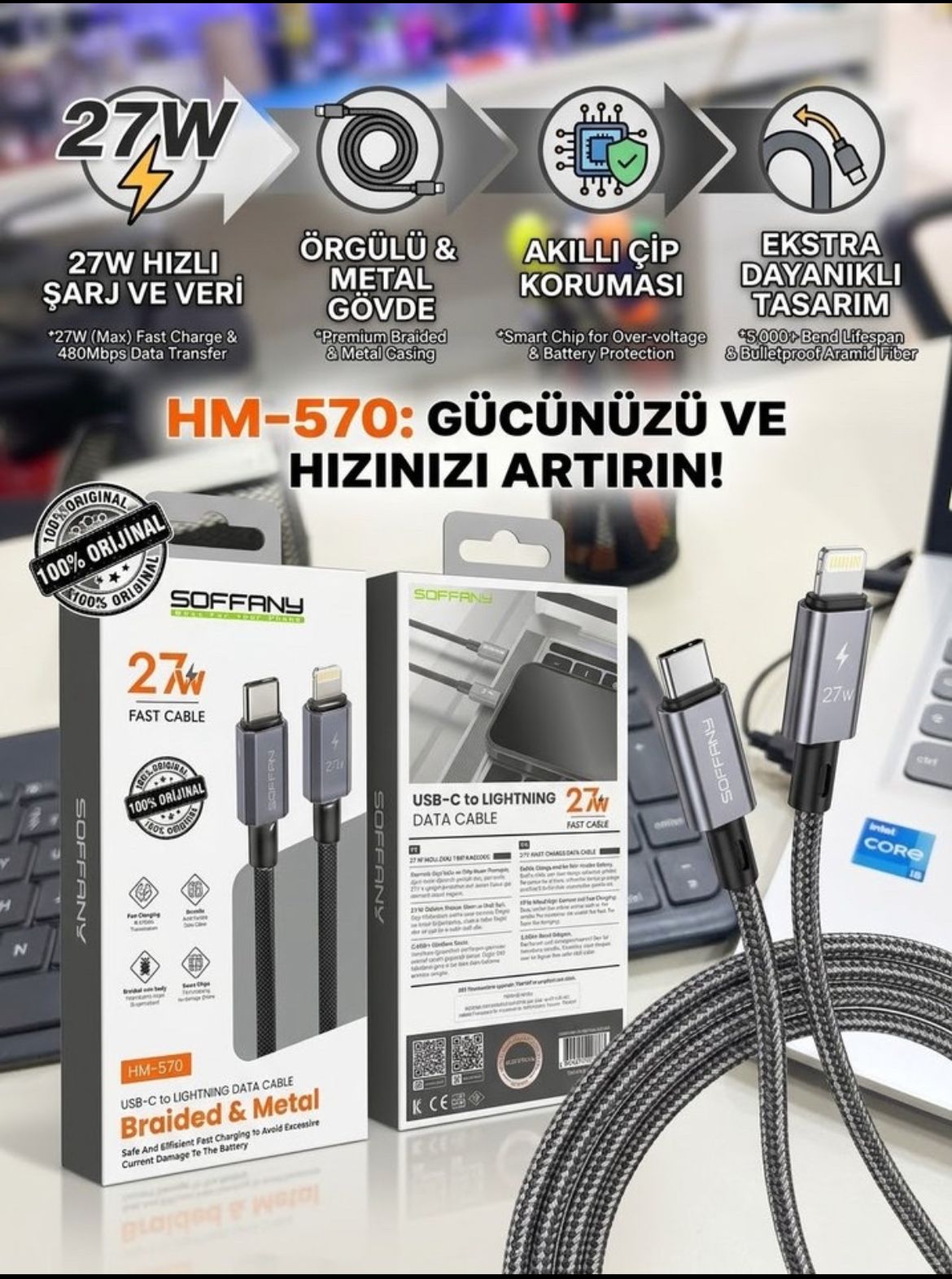 HM-570 27W Örgülü Type-C to Lightning Şarj Kablosu - Lisinya - 987450-RST-OZD