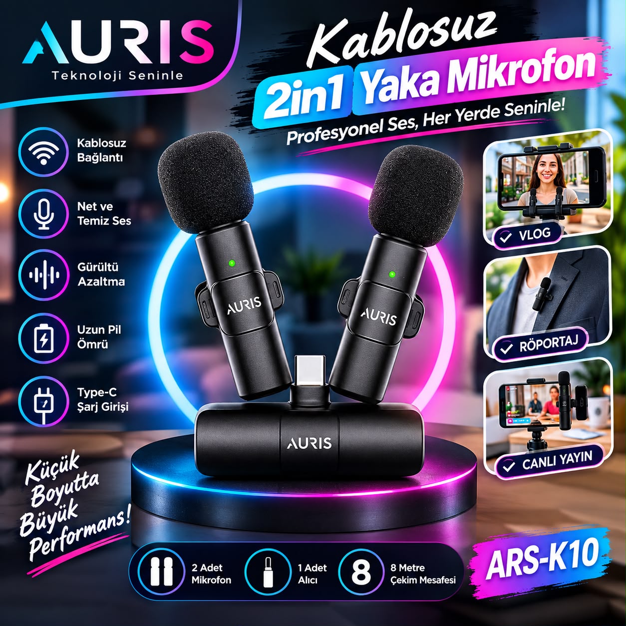 Kablosuz İkili Yaka Mikrofonu 2in1 Type-C - Lisinya Kablosuz İkili Yaka Mikrofonu 2in1 Type-C - Lisinya