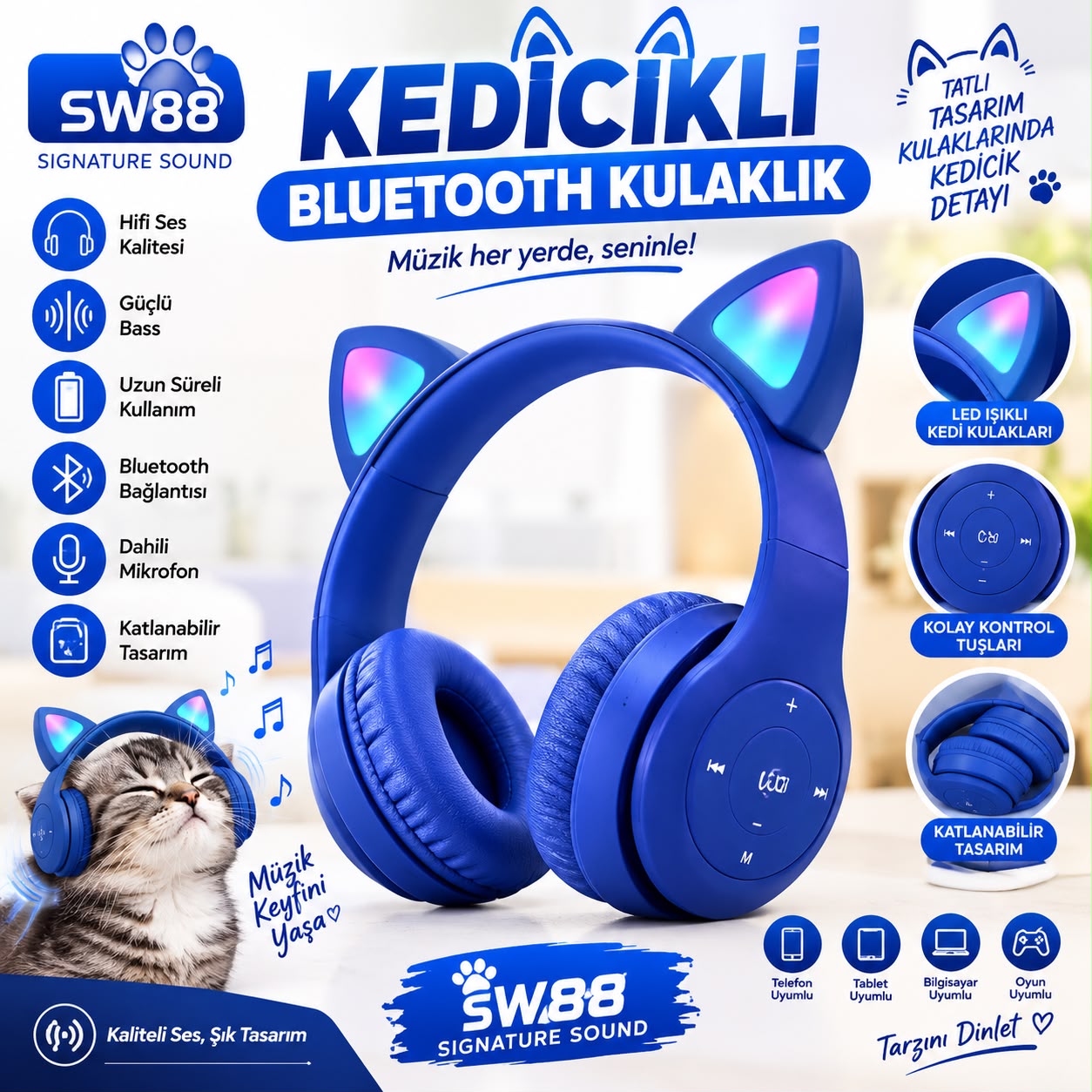 Kedicikli LED Işıklı Bluetooth Kulaklık Mavi - Lisinya - 987501-RST-OZD