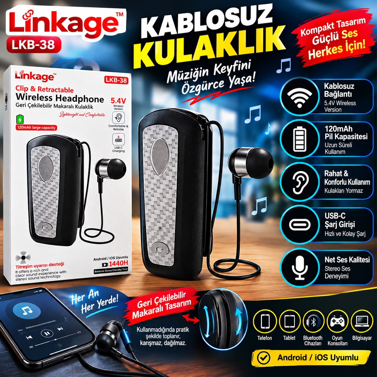 LKB-38 Makaralı Bluetooth Kulaklık - Lisinya - 987486-RST-OZD